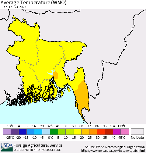 Bangladesh Average Temperature (WMO) Thematic Map For 1/17/2022 - 1/23/2022
