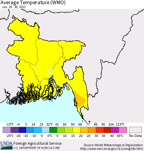 Bangladesh Average Temperature (WMO) Thematic Map For 1/24/2022 - 1/30/2022