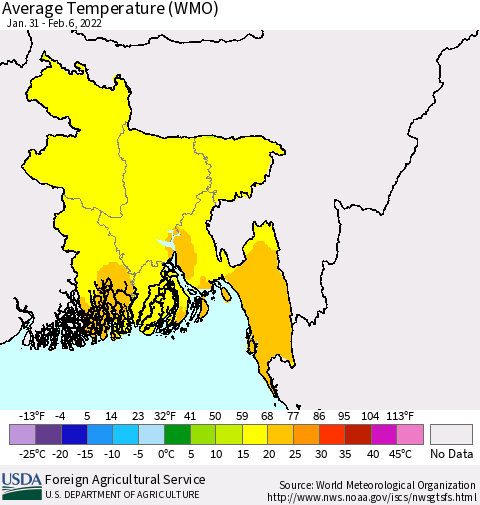 Bangladesh Average Temperature (WMO) Thematic Map For 1/31/2022 - 2/6/2022