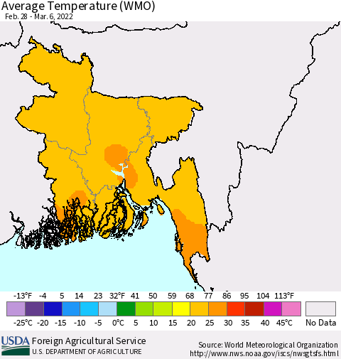 Bangladesh Average Temperature (WMO) Thematic Map For 2/28/2022 - 3/6/2022