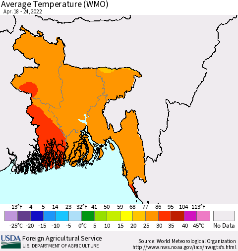 Bangladesh Average Temperature (WMO) Thematic Map For 4/18/2022 - 4/24/2022