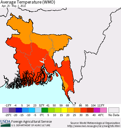 Bangladesh Average Temperature (WMO) Thematic Map For 4/25/2022 - 5/1/2022