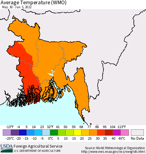 Bangladesh Average Temperature (WMO) Thematic Map For 5/30/2022 - 6/5/2022