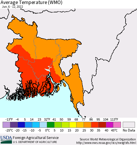 Bangladesh Average Temperature (WMO) Thematic Map For 6/6/2022 - 6/12/2022