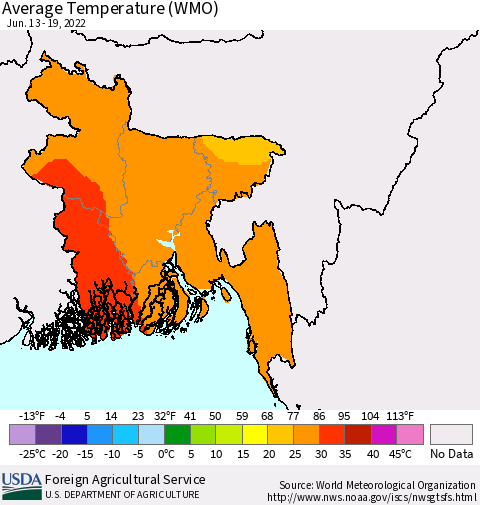 Bangladesh Average Temperature (WMO) Thematic Map For 6/13/2022 - 6/19/2022