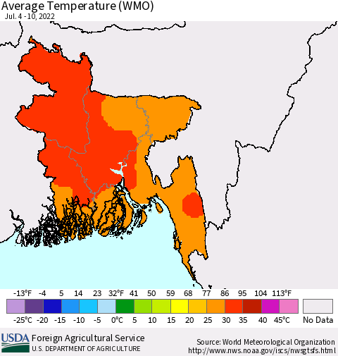 Bangladesh Average Temperature (WMO) Thematic Map For 7/4/2022 - 7/10/2022