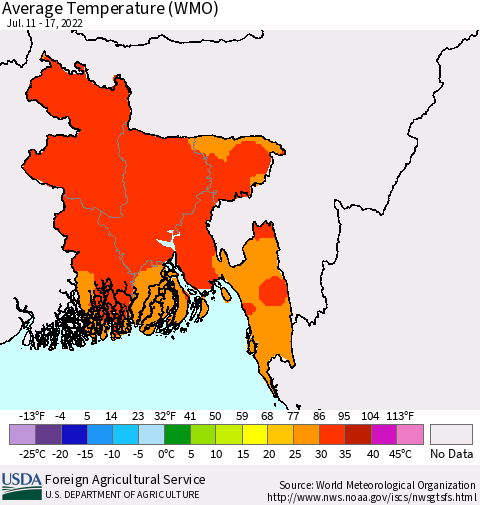 Bangladesh Average Temperature (WMO) Thematic Map For 7/11/2022 - 7/17/2022