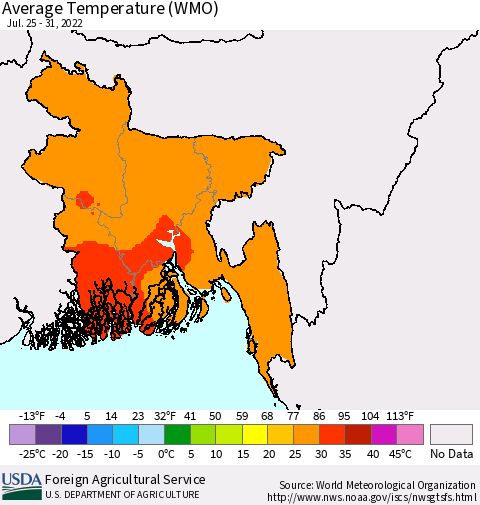 Bangladesh Average Temperature (WMO) Thematic Map For 7/25/2022 - 7/31/2022