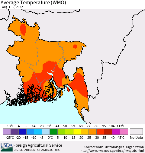 Bangladesh Average Temperature (WMO) Thematic Map For 8/1/2022 - 8/7/2022
