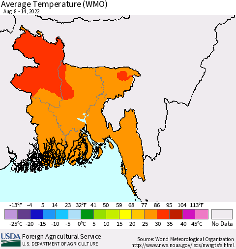 Bangladesh Average Temperature (WMO) Thematic Map For 8/8/2022 - 8/14/2022