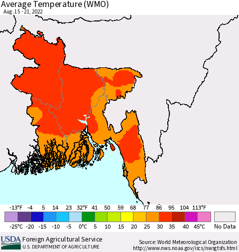 Bangladesh Average Temperature (WMO) Thematic Map For 8/15/2022 - 8/21/2022