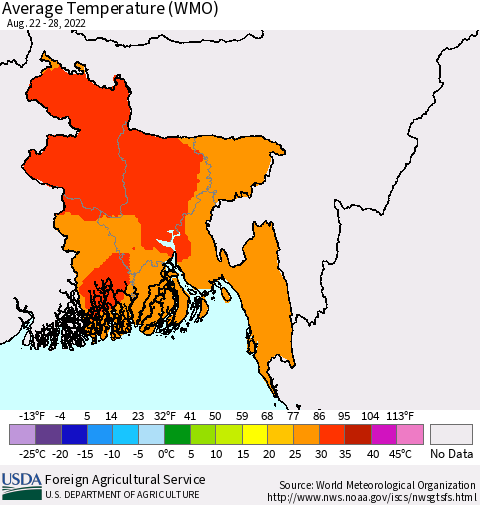 Bangladesh Average Temperature (WMO) Thematic Map For 8/22/2022 - 8/28/2022