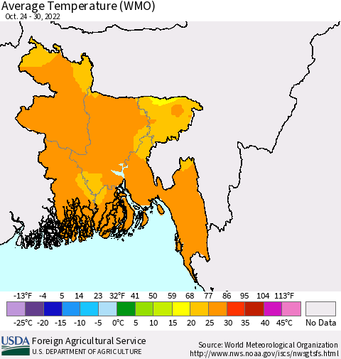 Bangladesh Average Temperature (WMO) Thematic Map For 10/24/2022 - 10/30/2022