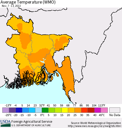 Bangladesh Average Temperature (WMO) Thematic Map For 11/7/2022 - 11/13/2022