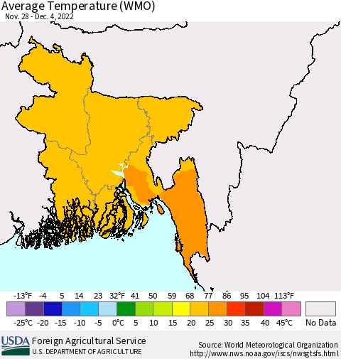Bangladesh Average Temperature (WMO) Thematic Map For 11/28/2022 - 12/4/2022