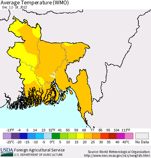 Bangladesh Average Temperature (WMO) Thematic Map For 12/12/2022 - 12/18/2022