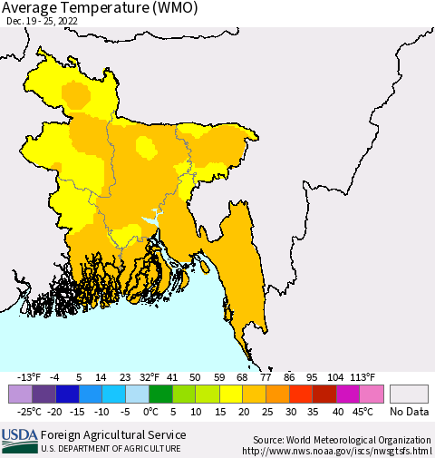 Bangladesh Average Temperature (WMO) Thematic Map For 12/19/2022 - 12/25/2022