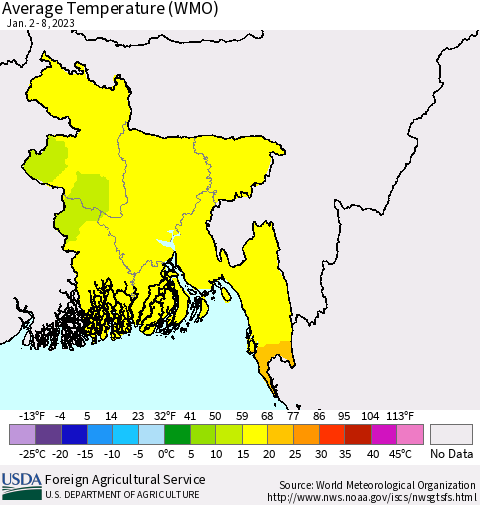 Bangladesh Average Temperature (WMO) Thematic Map For 1/2/2023 - 1/8/2023