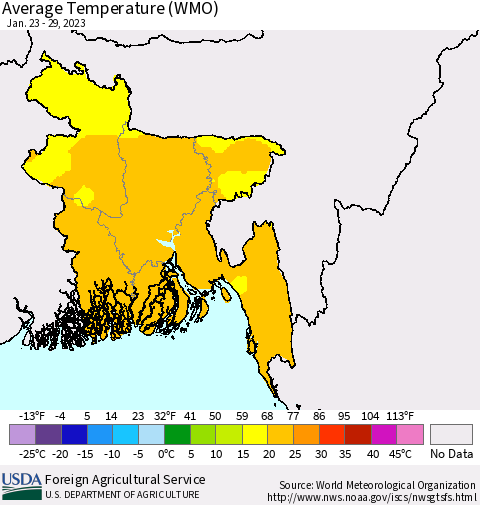 Bangladesh Average Temperature (WMO) Thematic Map For 1/23/2023 - 1/29/2023