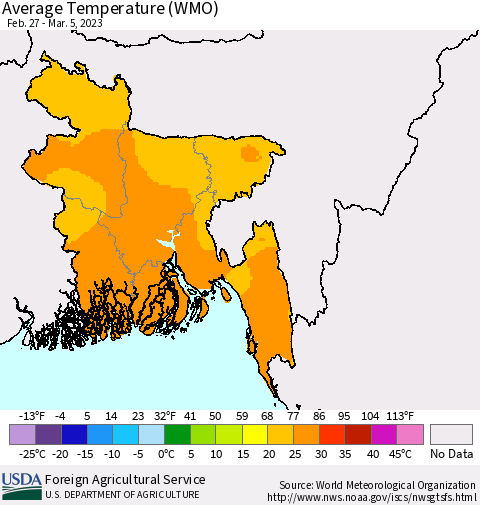 Bangladesh Average Temperature (WMO) Thematic Map For 2/27/2023 - 3/5/2023