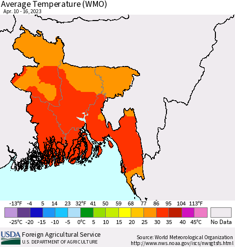 Bangladesh Average Temperature (WMO) Thematic Map For 4/10/2023 - 4/16/2023