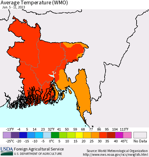 Bangladesh Average Temperature (WMO) Thematic Map For 6/5/2023 - 6/11/2023