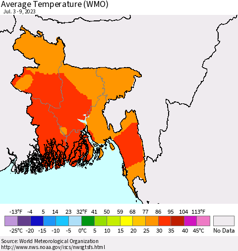 Bangladesh Average Temperature (WMO) Thematic Map For 7/3/2023 - 7/9/2023