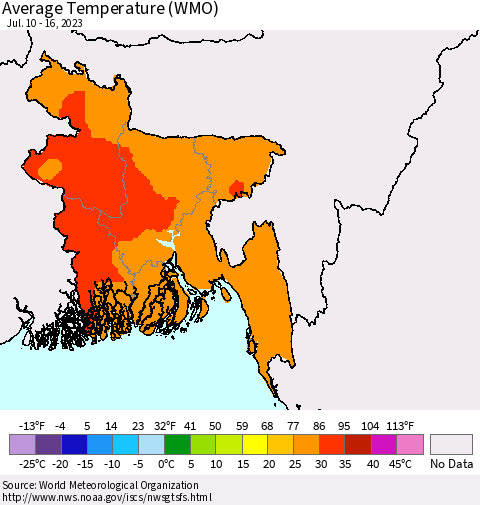 Bangladesh Average Temperature (WMO) Thematic Map For 7/10/2023 - 7/16/2023