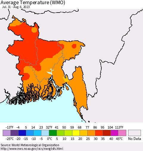 Bangladesh Average Temperature (WMO) Thematic Map For 7/31/2023 - 8/6/2023
