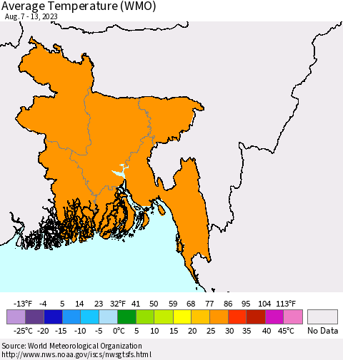 Bangladesh Average Temperature (WMO) Thematic Map For 8/7/2023 - 8/13/2023