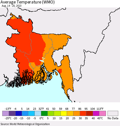 Bangladesh Average Temperature (WMO) Thematic Map For 8/14/2023 - 8/20/2023