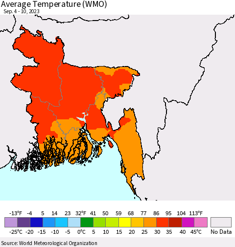 Bangladesh Average Temperature (WMO) Thematic Map For 9/4/2023 - 9/10/2023