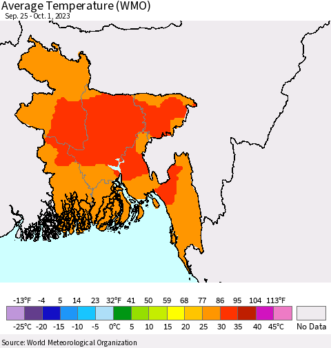 Bangladesh Average Temperature (WMO) Thematic Map For 9/25/2023 - 10/1/2023