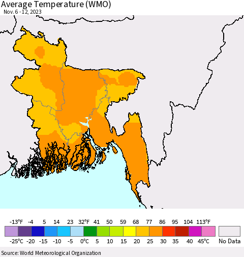 Bangladesh Average Temperature (WMO) Thematic Map For 11/6/2023 - 11/12/2023