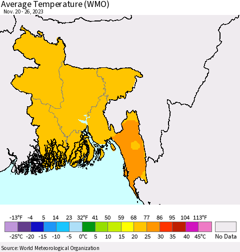 Bangladesh Average Temperature (WMO) Thematic Map For 11/20/2023 - 11/26/2023