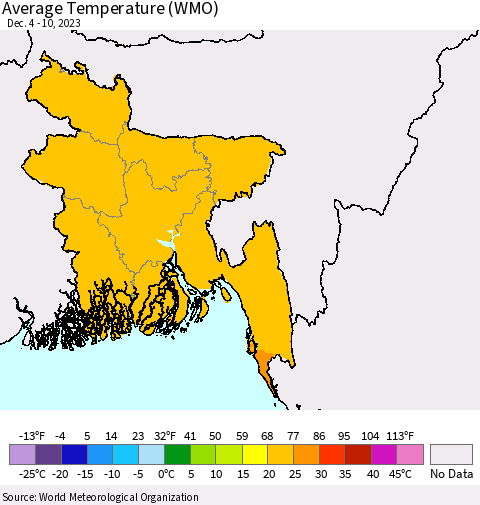 Bangladesh Average Temperature (WMO) Thematic Map For 12/4/2023 - 12/10/2023