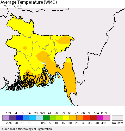 Bangladesh Average Temperature (WMO) Thematic Map For 12/11/2023 - 12/17/2023
