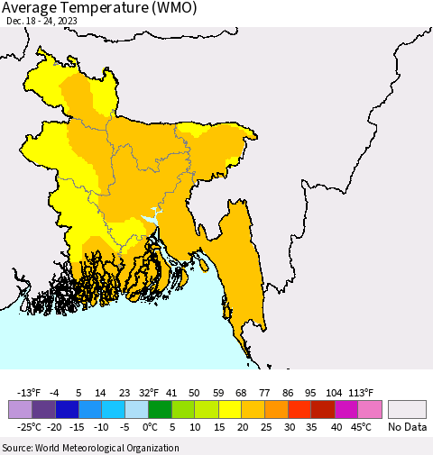 Bangladesh Average Temperature (WMO) Thematic Map For 12/18/2023 - 12/24/2023