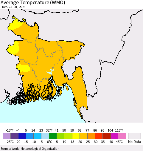 Bangladesh Average Temperature (WMO) Thematic Map For 12/25/2023 - 12/31/2023
