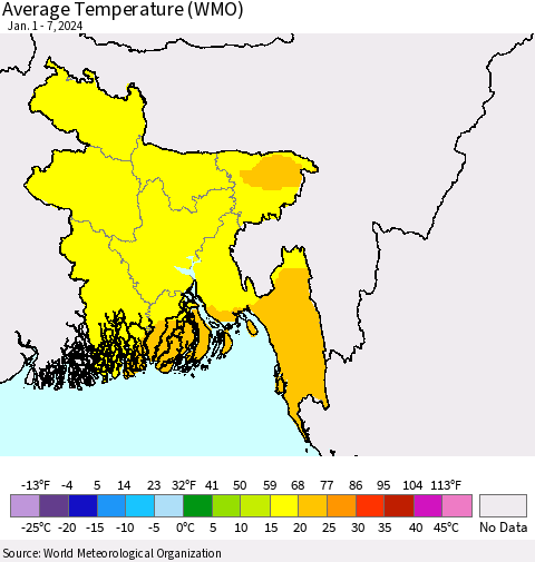 Bangladesh Average Temperature (WMO) Thematic Map For 1/1/2024 - 1/7/2024