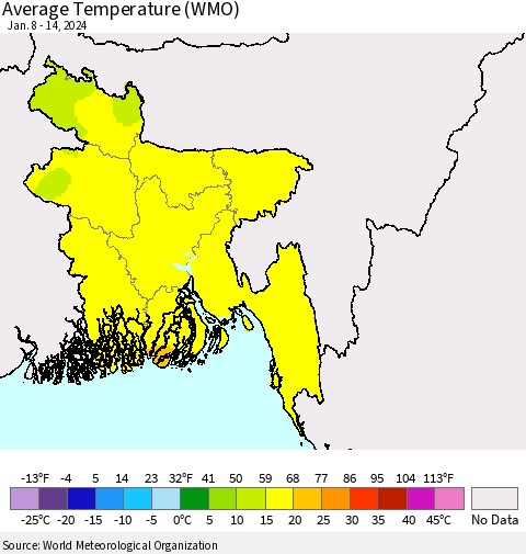 Bangladesh Average Temperature (WMO) Thematic Map For 1/8/2024 - 1/14/2024