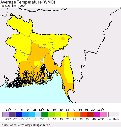 Bangladesh Average Temperature (WMO) Thematic Map For 1/29/2024 - 2/4/2024