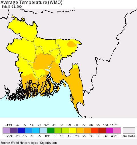 Bangladesh Average Temperature (WMO) Thematic Map For 2/5/2024 - 2/11/2024