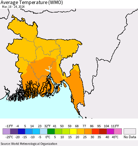 Bangladesh Average Temperature (WMO) Thematic Map For 3/18/2024 - 3/24/2024
