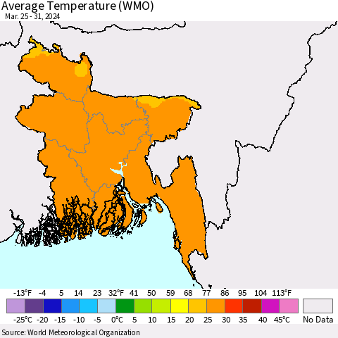 Bangladesh Average Temperature (WMO) Thematic Map For 3/25/2024 - 3/31/2024