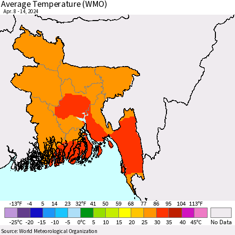Bangladesh Average Temperature (WMO) Thematic Map For 4/8/2024 - 4/14/2024