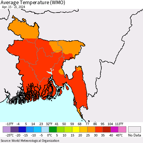 Bangladesh Average Temperature (WMO) Thematic Map For 4/15/2024 - 4/21/2024