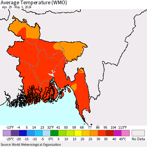 Bangladesh Average Temperature (WMO) Thematic Map For 4/29/2024 - 5/5/2024