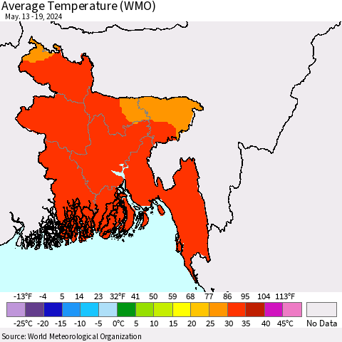 Bangladesh Average Temperature (WMO) Thematic Map For 5/13/2024 - 5/19/2024