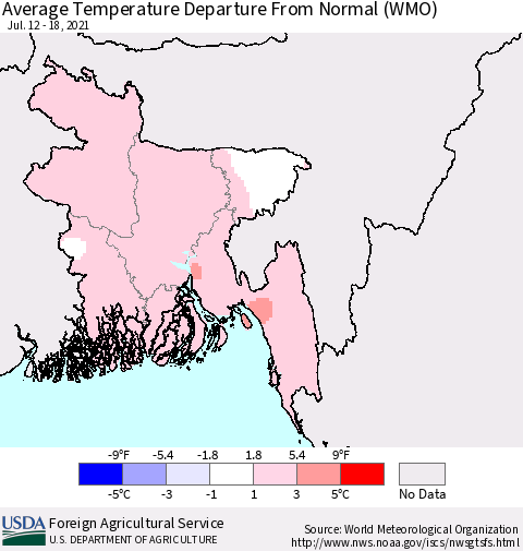 Bangladesh Average Temperature Departure from Normal (WMO) Thematic Map For 7/12/2021 - 7/18/2021